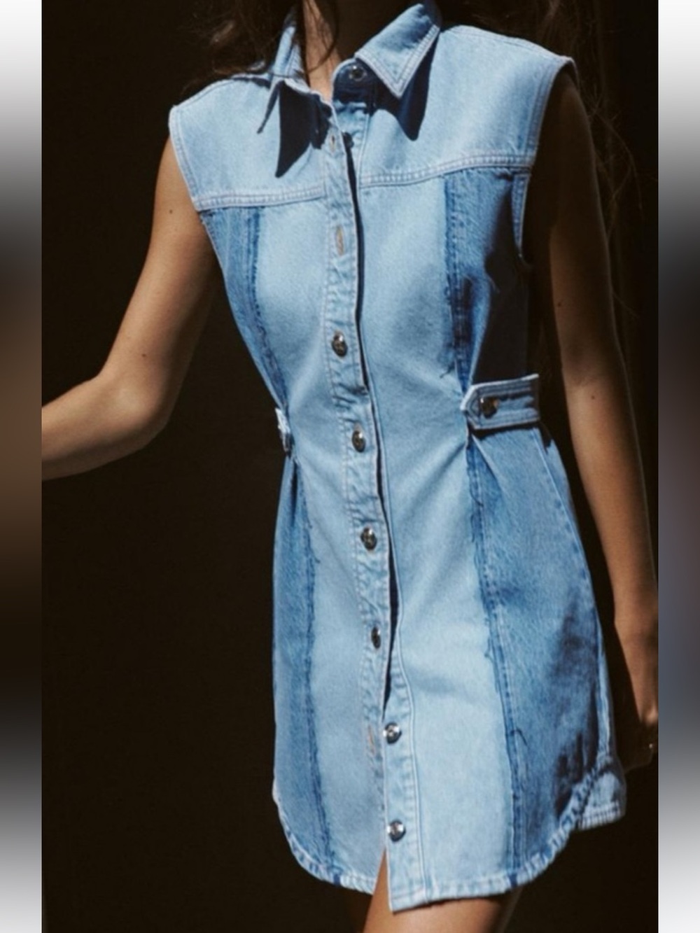 Zara Light Blue Denim Button-Front Sleeveless Dress